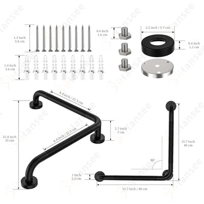 Black Angled Grab Bar 16x16 Inch, Stainless Steel Bathroom Grab Bar w/Anti-Slip Knurled Grip, Wall Mounted Bathtub Toilet Safety Handrail for Elderly Senior, L-Shaped Grab Bar for Shower | Black Bathroom Grab Bar for Senior Elderly, Stainless Steel Handic