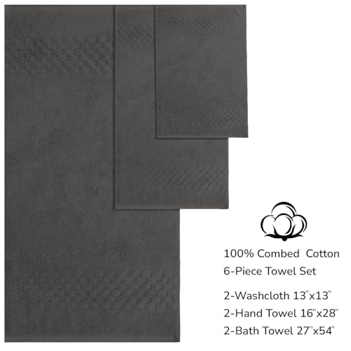 Feather & Stitch 100% Cotton 625 GSM Bath Towel Set of 6, Ultra Soft Highly Absorbent 2 Bath Towels, 2 Hand Towels & 2 Washcloth - Luxury Quick Dry Shower Towels (Dark Grey) - color: Dark Grey