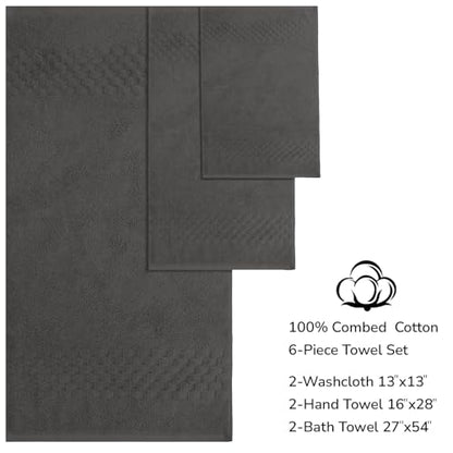 Feather & Stitch 100% Cotton 625 GSM Bath Towel Set of 6, Ultra Soft Highly Absorbent 2 Bath Towels, 2 Hand Towels & 2 Washcloth - Luxury Quick Dry Shower Towels (Dark Grey) - color: Dark Grey
