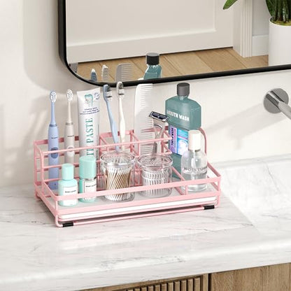 HapiRm Toothbrush Holders for Bathroom - 5 Partitions Bathroom Counter Organizer with Instant Drying Stone, Stainless Steel Countertop Storage Electric Toothbrush Toothpaste Holder - Pink - color: Pink