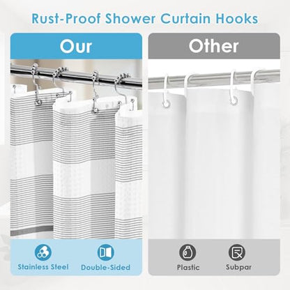 3 in 1 Shower Curtain and Liner,72 x 72 inch, Striped Gray | Shower Curtain and PEVA Liner Set with 12 Rust-Resistant Metal Hooks, Waterproof Fabric Curtains for Bathroom - color: Grey