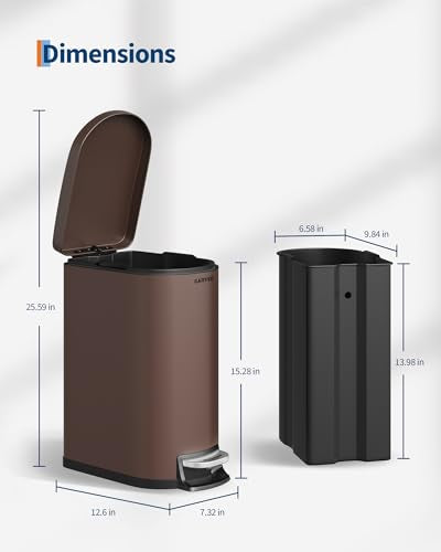 2.6 Gal / 10 L Metal Bathroom Trash Can with Lid, Slim Step-On Garbage Can with Soft Close Lid, Stainless Steel Waterproof Trash Bin for Bedroom with Inner Bucket, Rear Handle, Brown - color: Brown