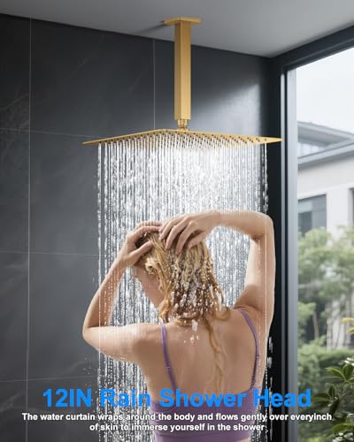 Shower System with Pressure Balance Valve, 12" Ceiling Mount Shower Faucet Set with 2 Rain Shower Head And Multi-function Handheld Head Push Button Diverter Pressure Balancing Valve Kit, Brushed Gold - color: Brushed Gold, style: 12"-Square-01