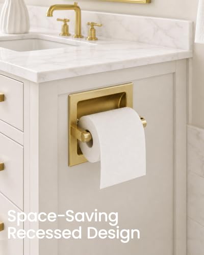 Recessed Toilet Paper Holder Gold, in-Wall, 304 Stainless Steel | Inset Toilet Paper Holder, Spring-Free Pivoting Arm, Space-Saving Flush Mount, Fits Rolls up to 6 in - color: Gold