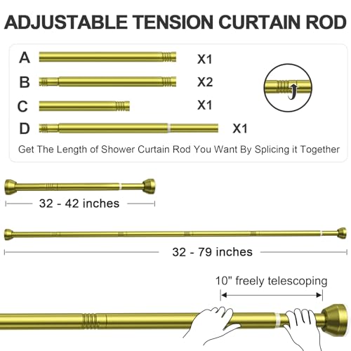 TEECK Shower Curtain Rod, 32-79 inch Adjustable Tension Spring, 1 Inch Shower Curtain Rod Tension, Anti-Slip, Rust-Proof, No Drilling, for Bathroom, Gold - color: Gold, size: 32-79 Inches
