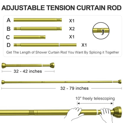 TEECK Shower Curtain Rod, 32-79 inch Adjustable Tension Spring, 1 Inch Shower Curtain Rod Tension, Anti-Slip, Rust-Proof, No Drilling, for Bathroom, Gold - color: Gold, size: 32-79 Inches