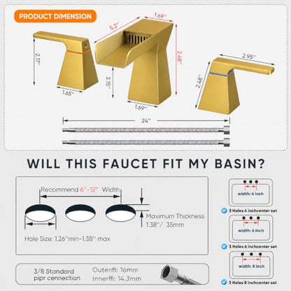 Brushed Gold Waterfall Bathroom Faucet for 3-Hole Sinks 8 Inch Widespread Vanity Faucet with Sculptural Trapezoid Body, Two Handles, Pop-Up Drain & Hoses - color: B - Brushed Gold