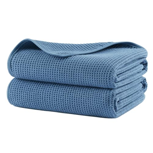 POLYTE 380 GSM Poly Blend Microfiber Quick Dry Waffle Bath Towel, 30x60 in | 2 Pack, Oversize, Lint Free, Body Towel - color: Blue