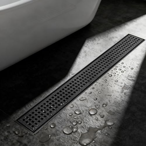 Linear Shower Drain - 36 Inch Matte Black, with Grate Removable | AISI 304 Stainless Steel Shower Drain with Adjustable Feet, Hair Catcher, Rectangle Shower Floor Drain Fits Bathroom, Balcony - color: Matte Black, size: 36 Inch