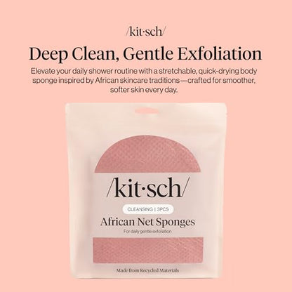 Kitsch African Net Sponge – Exfoliating Body Scrubber – Berry Pink, 3 Pcs | for Cleansing & Gentle Daily Exfoliation – Stretchable Bath Sponge for Hard-to-Reach Areas – Long-Lasting Shower Essential - color: Berry Pink
