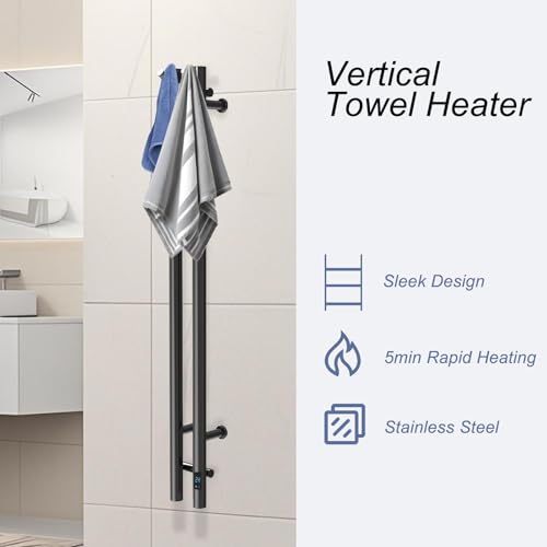 Heated Towel Rack, Towel Warmer with Timer, Wall Mounted hot Towel Warmer Rack for Bathroom, Hardwired or Plug-in Models Vertical Towel Heater, 2 Vertical Rack Round Design (Black) - color: Black