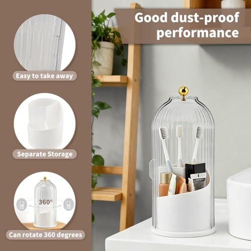 Concealed Toothbrush Holder with Sliding Lid for Bathrooms, White | 360° Rotating 3-Slot Toothpaste Holders with Cover, Waterproof and Dustproof, Concealed Makeup Brush Holder