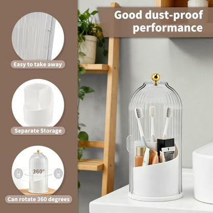 Concealed Toothbrush Holder with Sliding Lid for Bathrooms, White | 360° Rotating 3-Slot Toothpaste Holders with Cover, Waterproof and Dustproof, Concealed Makeup Brush Holder