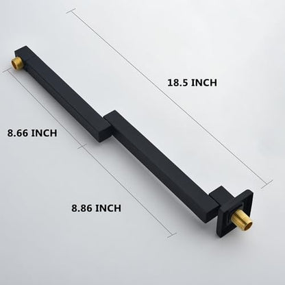 18.5 Inches Straight Extended Pivoting Shower Arm With Flange, Rain Shower Head Extension Arm, Square 360°Swiveling Foldable Shower Arm, Wall-Mounted Matte Black Stainless Steel ﻿