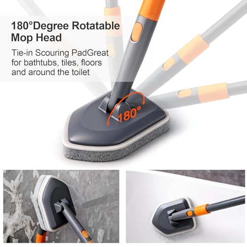CLEANHOME Tile Tub Scrubber Brush for Cleaning Toilet Wall,Bathtub,Sink | 3 Different Function Cleaning Heads, 56" Extendable Long Handle, Bathroom No Scratch Shower Scrubber - color: Gray