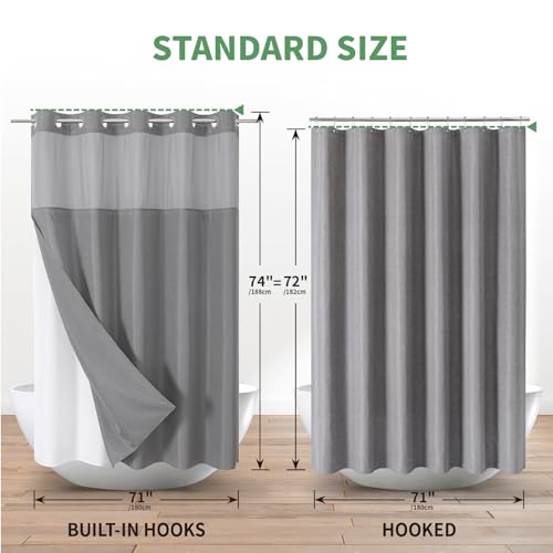 eachope Grey No Hook Shower Curtain with Snap-in Fabric Liner Set,Slub Textured Fabric Shower Curtains for Bathroom,Hotel Style Modern Shower Curtain,Water Repellent & Washable,71x74(72) | Hotel Style Fabric with See-Through Top Window, Water Repellent &
