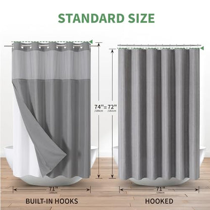 eachope Grey No Hook Shower Curtain with Snap-in Fabric Liner Set,Slub Textured Fabric Shower Curtains for Bathroom,Hotel Style Modern Shower Curtain,Water Repellent & Washable,71x74(72) | Hotel Style Fabric with See-Through Top Window, Water Repellent &