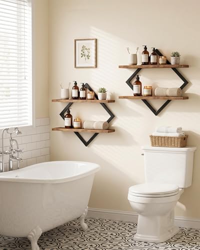 CHOEZON Floating Shelves, Set of 2 Wall Shelves, 2-Tier Hanging Shelves, Wall Shelf Set of 2, Wall Mounted Shelves, for Living Room, Bedroom, Kitchen, Office, Study, Rustic Brown TBJ01P2BF - color: Rustic Brown + Black