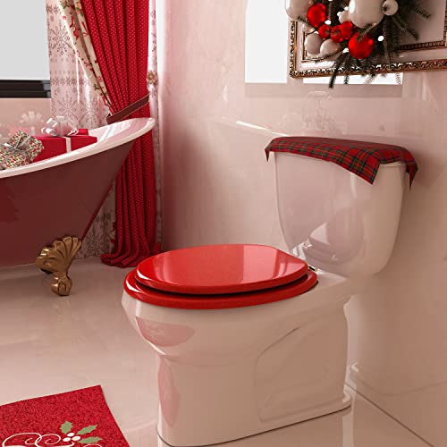Round Toilet Seat Wood Toilet Seat Prevent Shifting with Zinc Alloy Hinges American Standard Size Toilet Seat Easy to Install also Easy to Clean (Round,Sparkling Christmas Red) - color: Christmas Red, size: Round