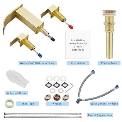 AVSIILE Waterfall Bathroom Faucet 3 Hole, Brushed Gold 8 Inch Widespread Modern 3 Piece Bathroom Sink Faucet, Touch On Lavatory Faucet for Vanity RV Restroom, Curved Spout - color: Brushed Gold, style: Curved Spout