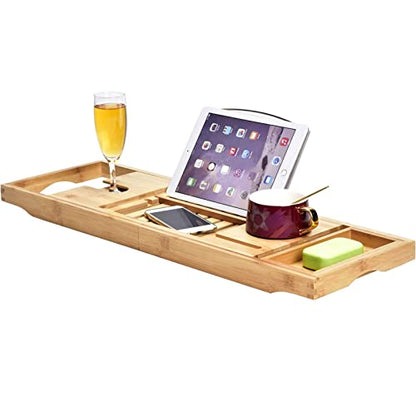 Expandable Bath Tub Tray Table for Luxury Bath, Adjustable Bamboo Bath Caddy Tray with Towel/Wine/Book Holder, Home Bath Accessories