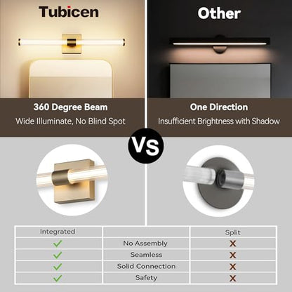 Tubicen Gold LED Vanity Light Linear Vertical Wall Sconce Dimmable 25in | 360° Full Lighting, 12W Vanity Light Bar Modern Slim Wall Light Fixture for Living Room Bathroom Bedroom, Warm White - color: Gold