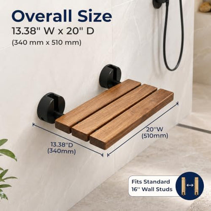 DIYHD 20" Burmese Teak Wood Wall Mounted Folding Shower Bench, Black | Premium Solid Teak Wood with Stainless Steel Bars, 330 lbs Capacity, 14” W x 20” D, Fits 16” Stud Spacing - size: 20"-Black