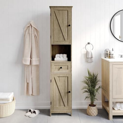 Flash Furniture Freestanding Bathroom Linen Tower Storage Cabinet, Brown | Farmhouse, Magnetic Close Doors, 2 Adjustable Shelves, Open Display Shelf - color: Brown