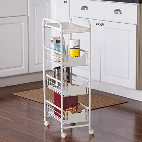 Honey-Can-Do 4-Tier Slim Rolling Metal Utility Cart with Drawers, White