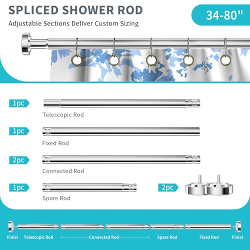 Shower Curtain Rod 34-80 Inches Never Rust Stainless Steel Tension Curtain Rod Adjustable Shower Rod Spring Tension Non-Slip No Drilling Shower Rods for Bathroom Window - color: Stainless Steel, size: 34”-80“