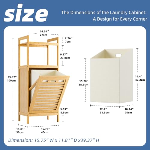 HITNET Tilt Out Laundry Hamper, Bamboo Laundry Basket with Foldable Bag and 2 Open Shelves, Freestanding Clothes Storage Organizer for Bedroom, Bathroom, Living Room, Natural - color: Natural