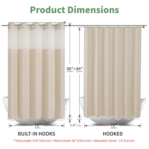 eachope No Hook Extra Long Shower Curtain Set with Snap-in Liner,Linen Textured Thick Striped Fabric with Tassels,Boho Chic Modern Farmhouse Bathroom Curtain,Water-Repellent,Cream/Beige,71x86 | Linen Texture,230GSM Thick Fabric,Hotel Luxury Decor,Mesh Win