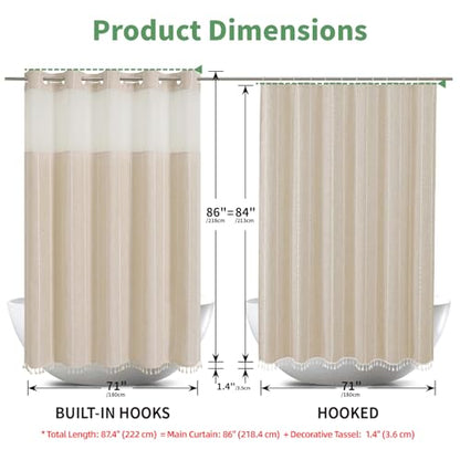 eachope No Hook Extra Long Shower Curtain Set with Snap-in Liner,Linen Textured Thick Striped Fabric with Tassels,Boho Chic Modern Farmhouse Bathroom Curtain,Water-Repellent,Cream/Beige,71x86 | Linen Texture,230GSM Thick Fabric,Hotel Luxury Decor,Mesh Win