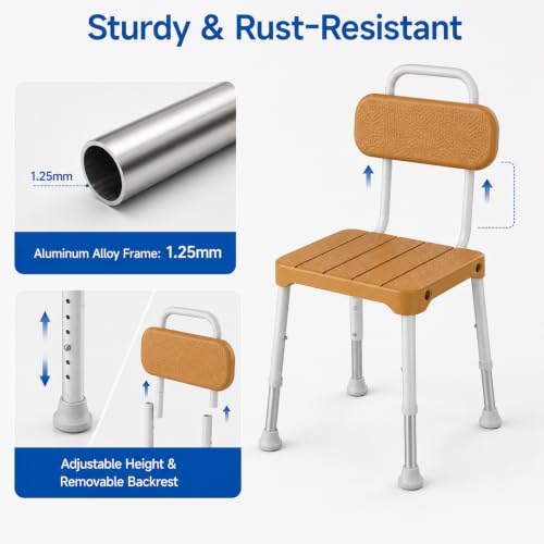 Shower Chair with Back – for Elderly & Disabled, Inside Shower Use | Waterproof, Rustproof, Adjustable height, Non-slip feet, Fits inside a bathtub