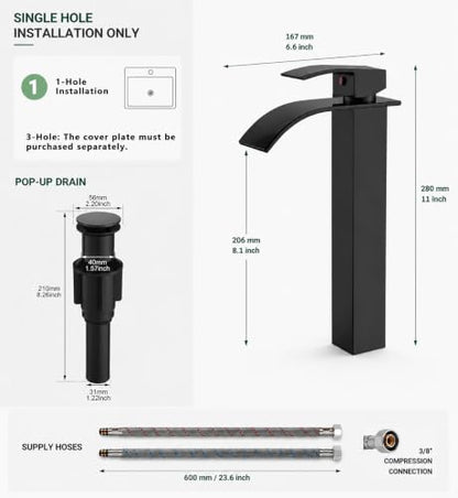 VOTON Vessel Sink Faucet Matte Black Modern Tall Waterfall Bathroom Sink Faucet with Pop-Up Drain Single Handle Bathroom Faucet 1 Hole Bowl Lavatory Vanity Faucet, Rv Sink Camper Farmhouse Faucet - color: Matte Black, size: Tall