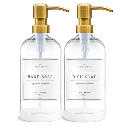 Vine Creations Glass Soap Dispenser, 2 Pack Kitchen Soap Dispenser Set with Stainless Steel Pump, 16 oz Dish Soap and Hand Soap Dispensers for Bathroom with Waterproof Labels (Clear) - color: Clear Bottle / Gold Pump