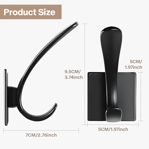 Self Adhesive Towel Hooks, Matte Black Metal Hooks,Waterproof Stainless Steel Hanger Coat Hooks for Hanging Coat,Towels, Bath Robe in Bathroom Kitchen Home - size: 4 Pack-Square Double Hook