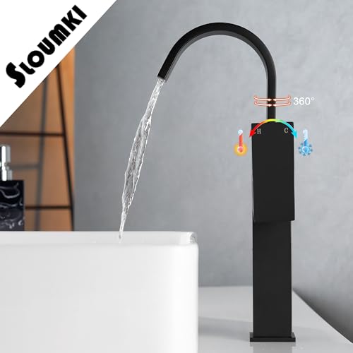 Matte Black Vessel Sink Faucet, Single Handle Tall Bathroom Faucet，Waterfall Bathroom Faucet Single Hole Lavatory Vanity Tap Single Hole Bar Sink Faucet with Pop Up Drain and Supply Lines,SL50044BK - color: Matte Black, size: Tall