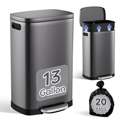 ELPHECO Kitchen Trash Can with Lid 13 Gal Stainless Steel Pedal Garbage Can | Soft Close Lid Pedal Heavy-Duty Fingerprint Proof Step Wastebasket with 20 Bags Removable Bucket, Home Office Titanium Silver - color: Titanium Silver
