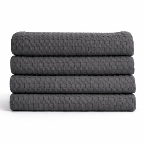 Bath Towels - 4 Pack Waffle Weave Bath Towels for Bathroom, 30x60 Inch, Cotton Towel Ultra Soft, Lightweight, Oversized, Lint Free - Steel Grey