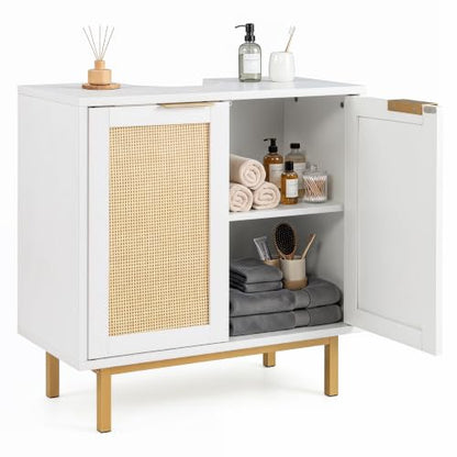 24-inch Pedestal Sink Storage Cabinet, Under Sink Cabinet (White) | U-Shaped Cut-Out | 2 Rattan Doors & Shelf | Solid Metal Legs - color: White