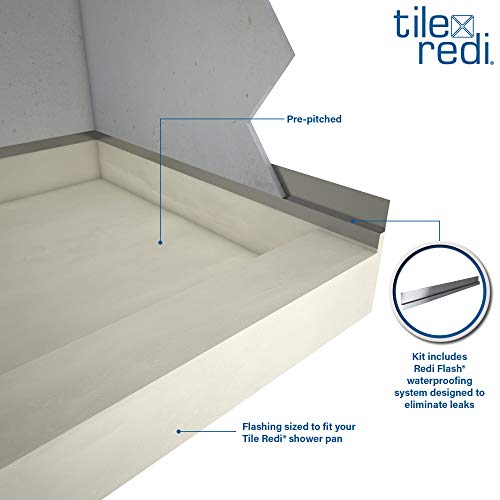 Tile Redi B3260L-SCRDPVZ3 Shower Pan Kit with Flashing, Left Drain- Single Curb Shower Base, 2" PVC Drain and Plate Included, 60" Width x 32" Depth - size: 60" W x 32" D with Flashing, style: Left Round Drain Plate 13" from Back