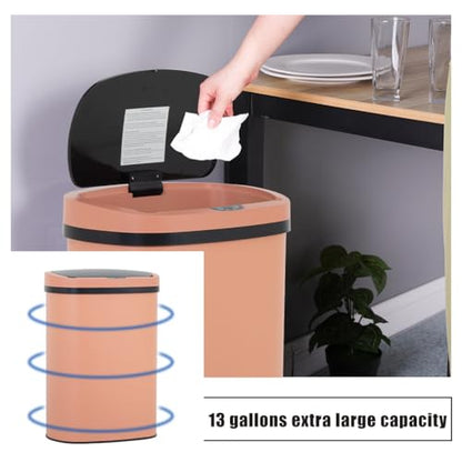 13 Gallon Stainless Steel Trash Can with Lid,Touch Free Automatic Kitchen Trash Can,Fingerprint-Resistant Soft Close Lid Garbage Can, 50L Large Capacity Garbage Can for Kitchen Home Office(Pink) - color: Pink