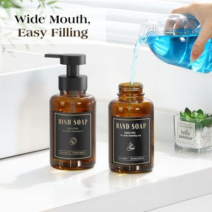 Luxspire Glass Foaming Soap Dispenser 15oz Hand Soap Bottle, Amber, 2 Pack | Anti-drip pump, wide mouth easy refill, non-slip silicone base, 7 waterproof labels, bathroom and kitchen sink use - color: Amber