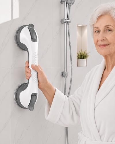 Suction Grab Bars for Bathtubs and Showers, Gel-Enhanced Heavy Duty Stable Grip Safety Bars for Seniors and Elderly, No Drilling Removable Bathroom Handles for Tub and Shower Support, Gray/W - color: Gray & White