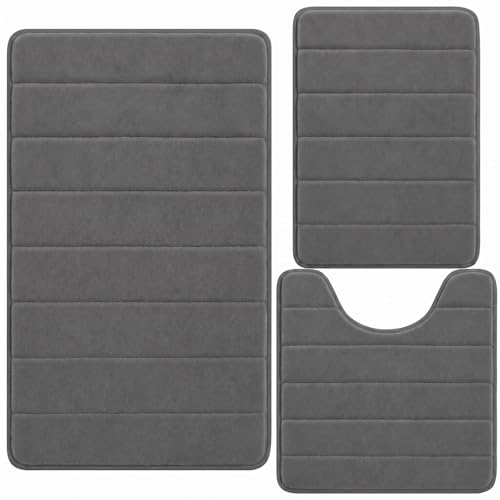 Bathroom Rugs Set 3 Piece, Memory Foam Bath Rugs, Non Slip Washable Bathroom Rug Set, Extra Soft Absorbent Bath Mats with U-Shaped Toilet Rug, Dark Grey - color: Dark Grey