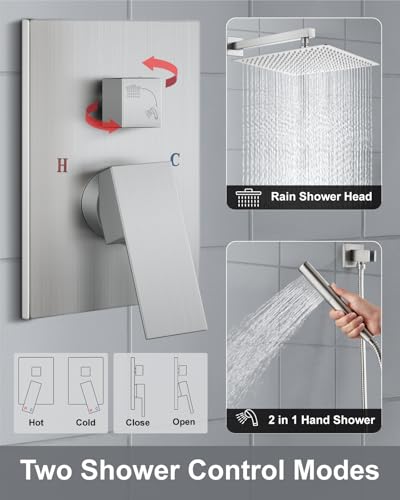 Aolemi Shower System with Rain Head and Handheld,16-Inch,Brushed Nickel | High-Pressure Shower Faucet Set with Dual-Function Handheld,Rough-In Valve,1.8 GPM,Wall-Mount Trim Kit - color: Brushed Nickel, size: 16 Inch