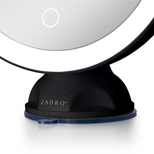 Zadro Zado 8.25-Inch x 6.9-Inch Round LED Lighted Wall Mounted Suction Cup Makeup Mirror with 10X Magnification and Touch Controls (Black) - color: Black