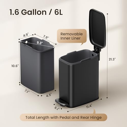 Cesun Slim Bathroom Trash Can with Lid, Soft Close, Black, 6L/1.6 Gallon | Hidden Trash Bag Design, Small, Stainless Steel, Removable Inner Bucket, Foot Pedal, Odor Control, for RV/Office/Bedroom - color: Black