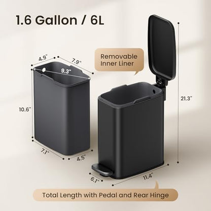 Cesun Slim Bathroom Trash Can with Lid, Soft Close, Black, 6L/1.6 Gallon | Hidden Trash Bag Design, Small, Stainless Steel, Removable Inner Bucket, Foot Pedal, Odor Control, for RV/Office/Bedroom - color: Black